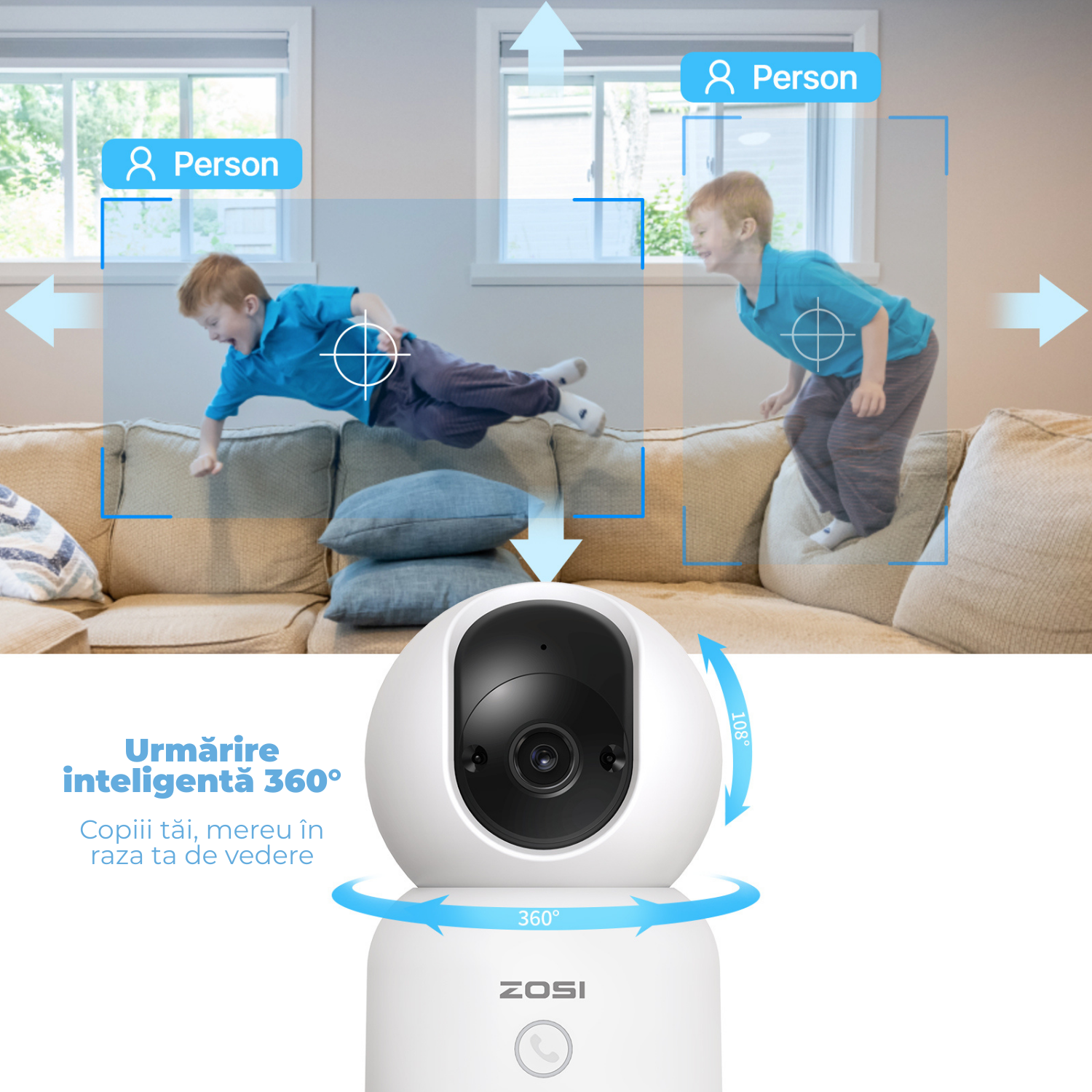 Baby monitor, WiFi indoor ZOSI C518 2K pan-tilt, rotire 360°, Night Vision, detectie umana & urmarire automata, 2.4/5GHz, audio bidirectional, buton apel rapid, compatibila Alexa