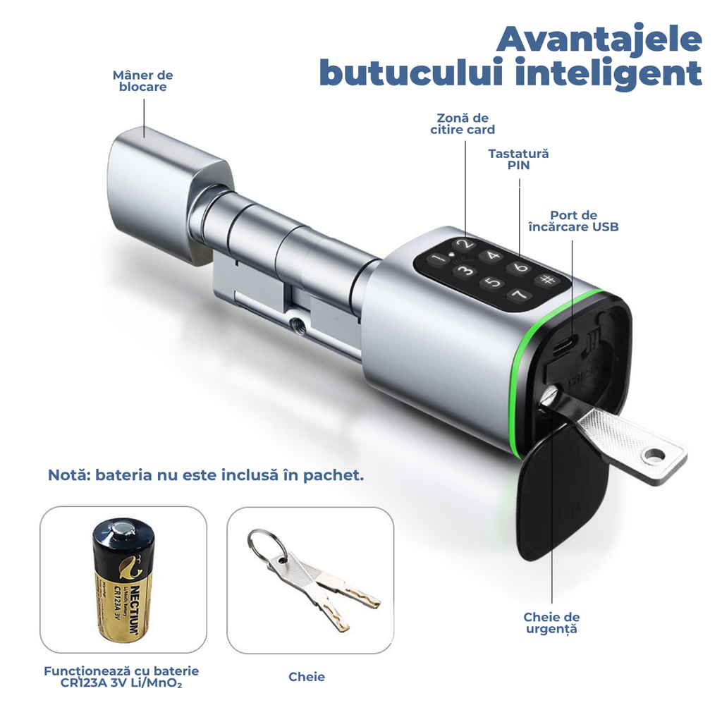 Butuc Inteligent cu Tastatură, Card RFID și Aplicație Tuya – Acces Fără Chei, Control de la Distanță, Instalare Rapidă