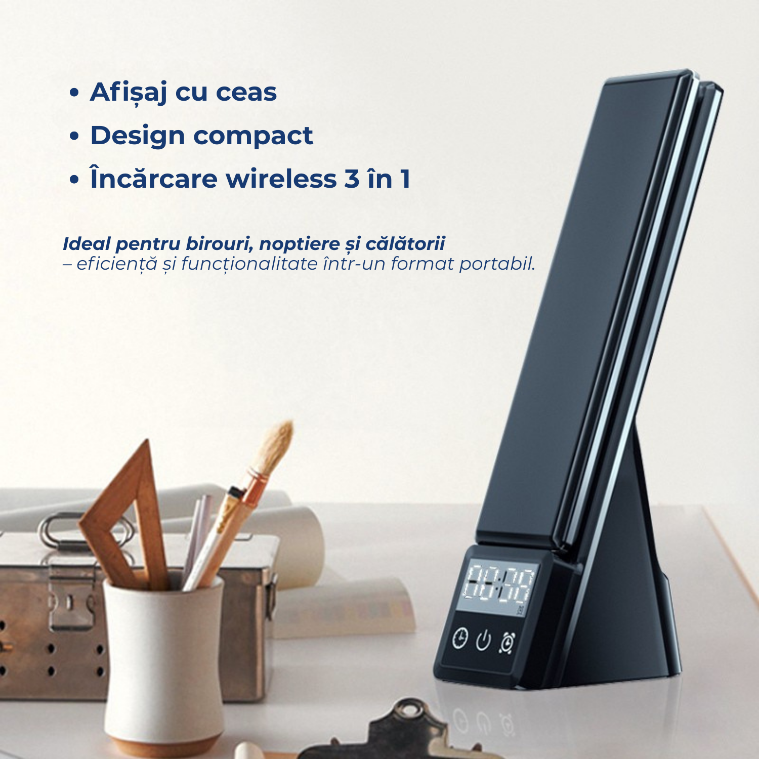 Lampa birou LED 3 in 1 cu incarcare wireless telefon si ceas