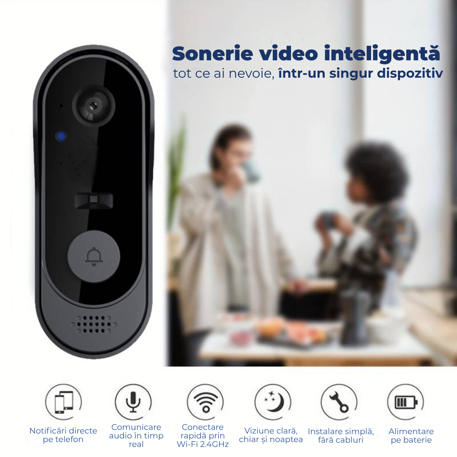 Sonerie Video Inteligentă HD 720p cu Apel pe Telefon – Control Smart Life, Rezistentă la Apă, Receptor Inclus