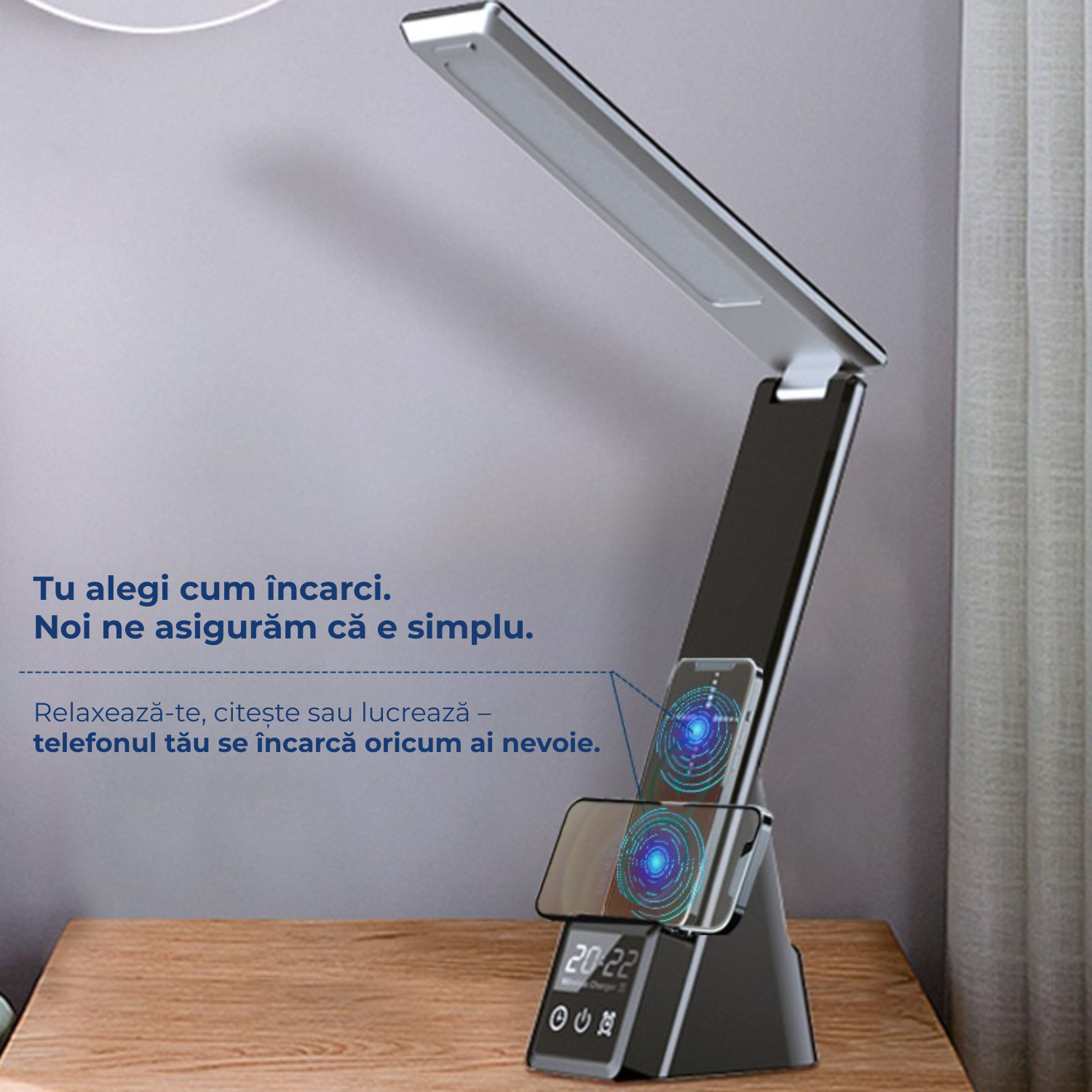 Lampa birou LED 3 in 1 cu incarcare wireless telefon si ceas