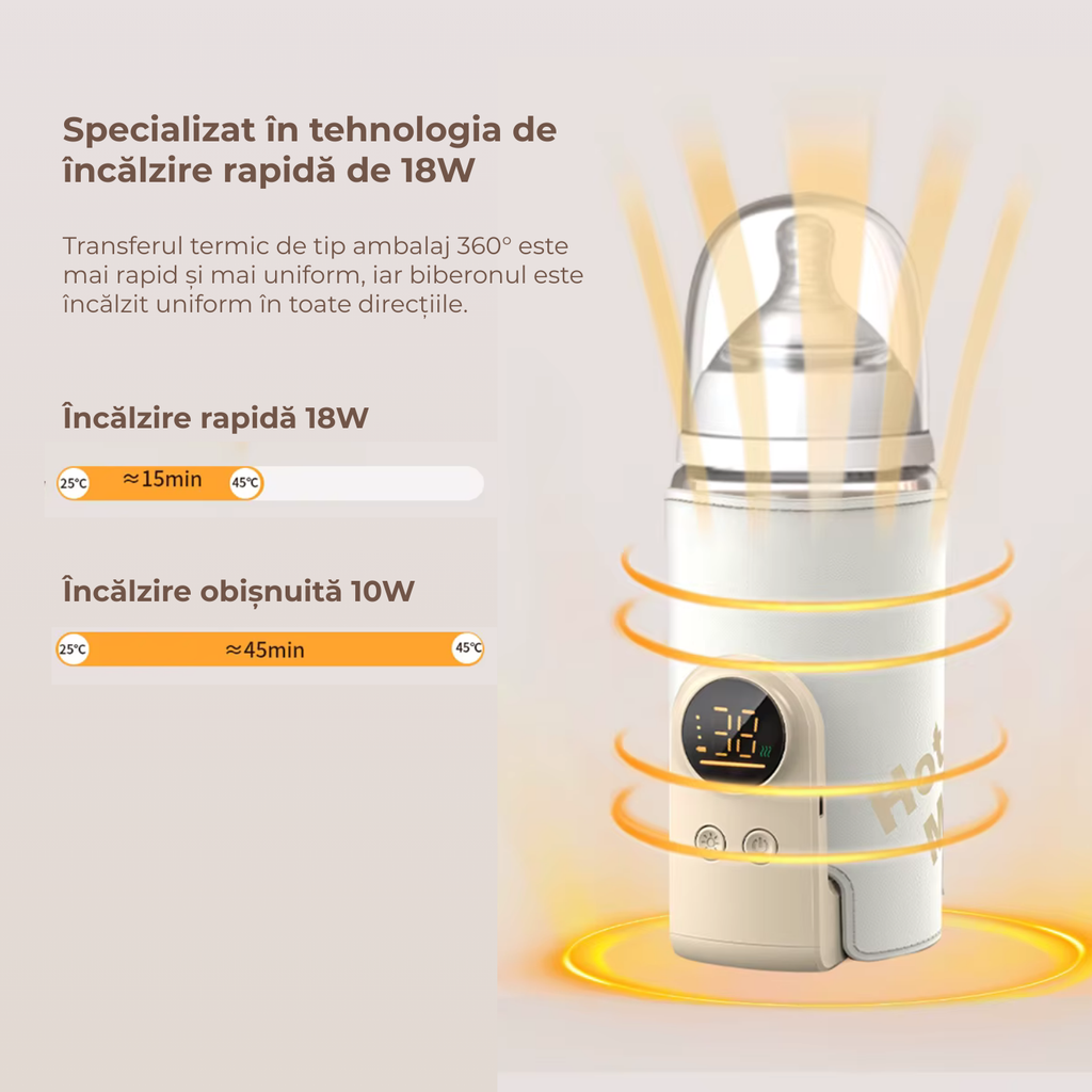 Incalzitor portabil lapte bebelusi, 8000 mAh, 6 trepte temperatura 38 50 °C