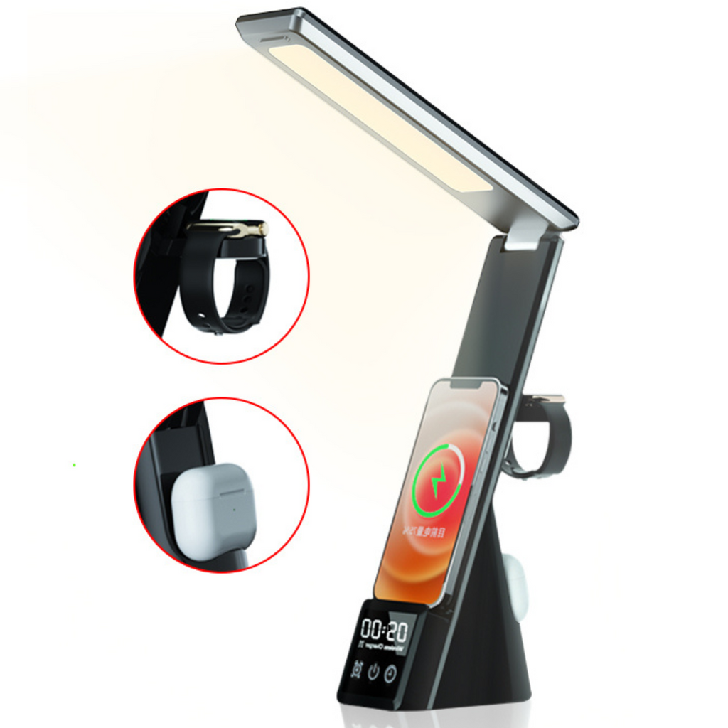 Lampa birou LED 3 in 1 cu incarcare wireless telefon si ceas