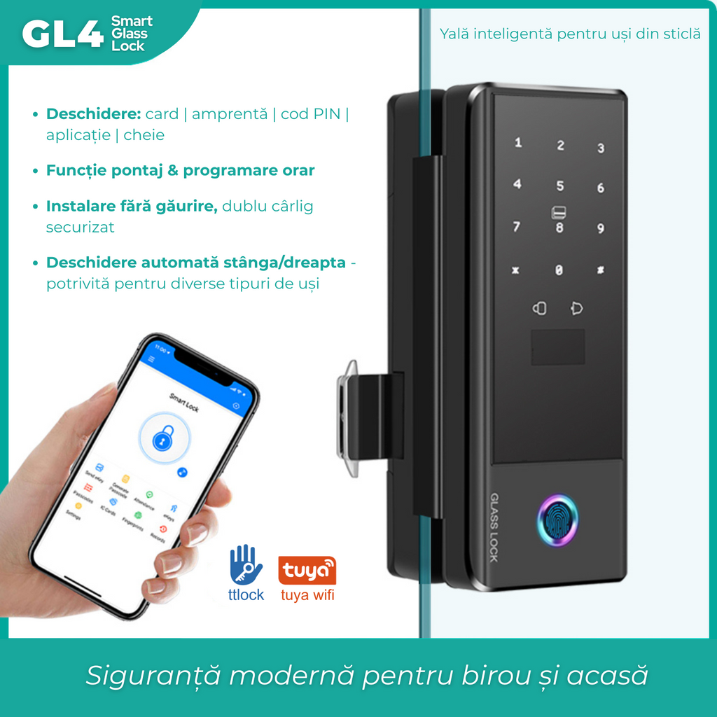 Yală inteligentă pentru sticlă GL4 – eleganță, siguranță și control total