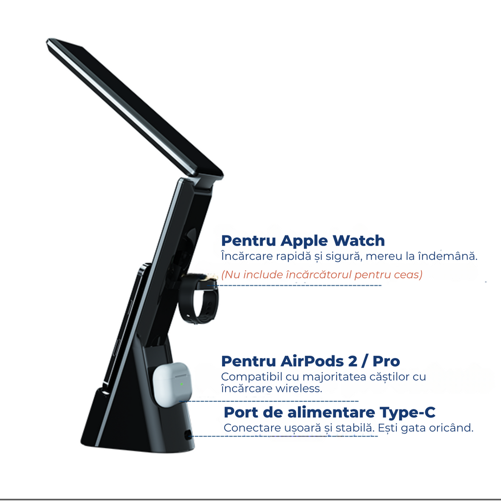 Lampa birou LED 3 in 1 cu incarcare wireless telefon si ceas