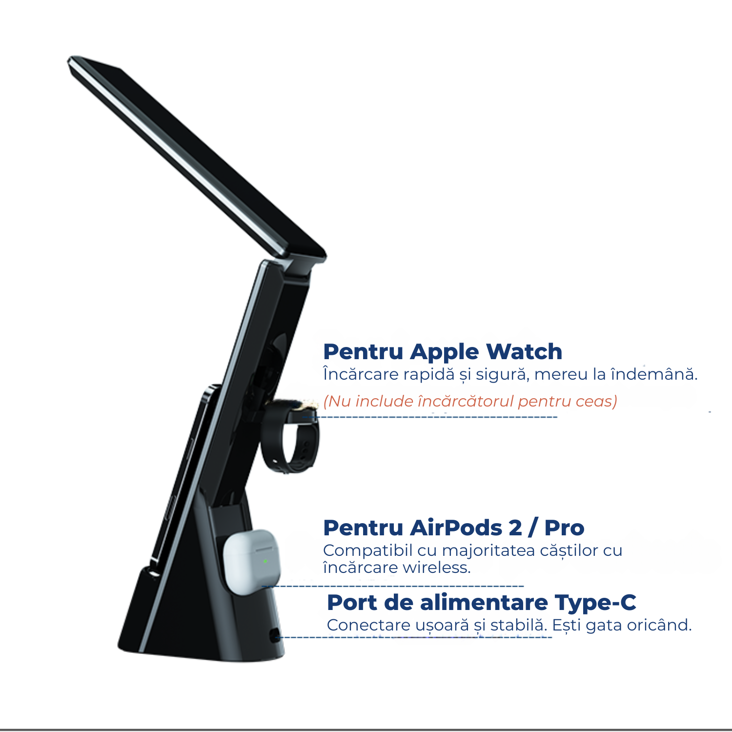 Lampa birou LED 3 in 1 cu incarcare wireless telefon si ceas