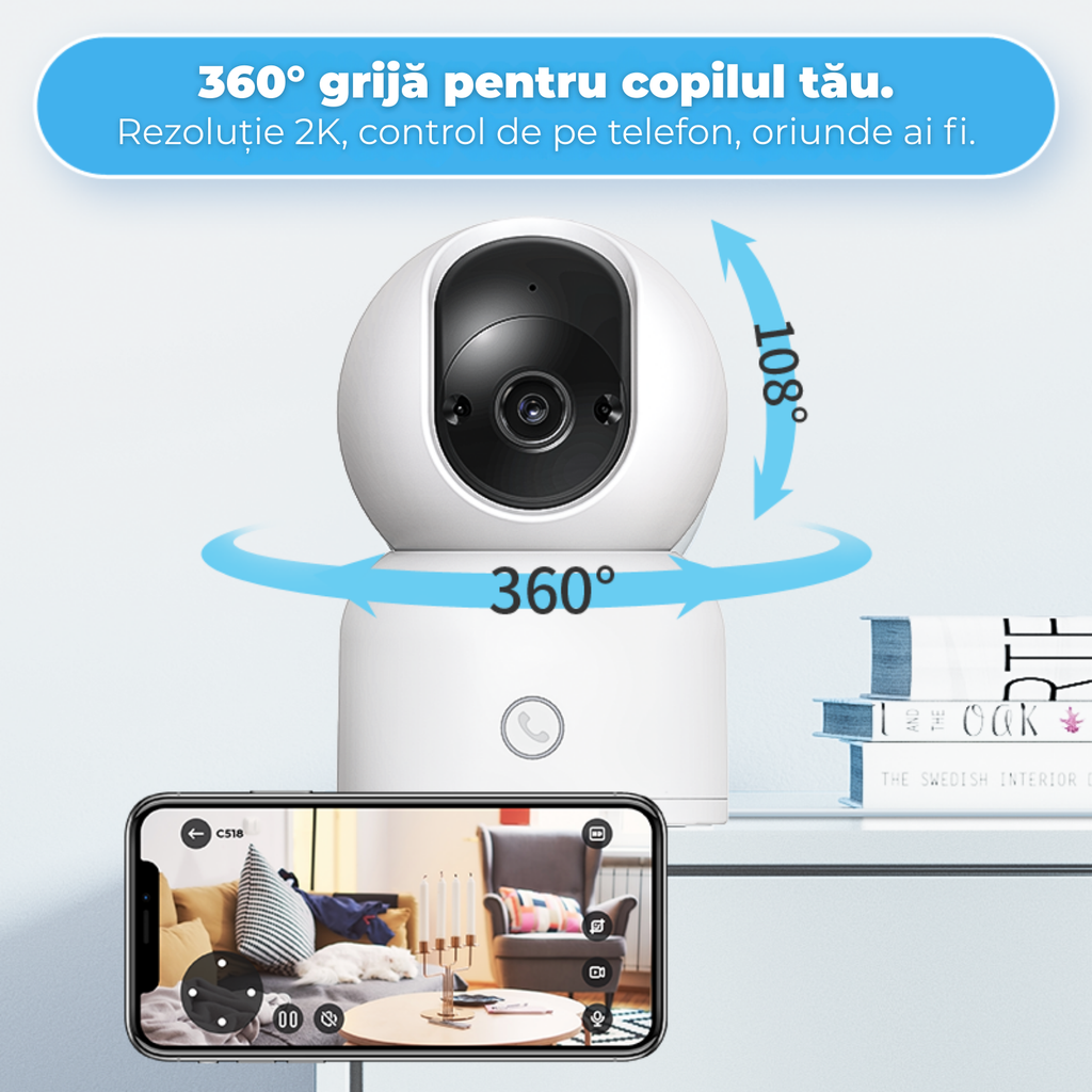 Baby monitor, WiFi indoor ZOSI C518 2K pan-tilt, rotire 360°, Night Vision, detectie umana & urmarire automata, 2.4/5GHz, audio bidirectional, buton apel rapid, compatibila Alexa
