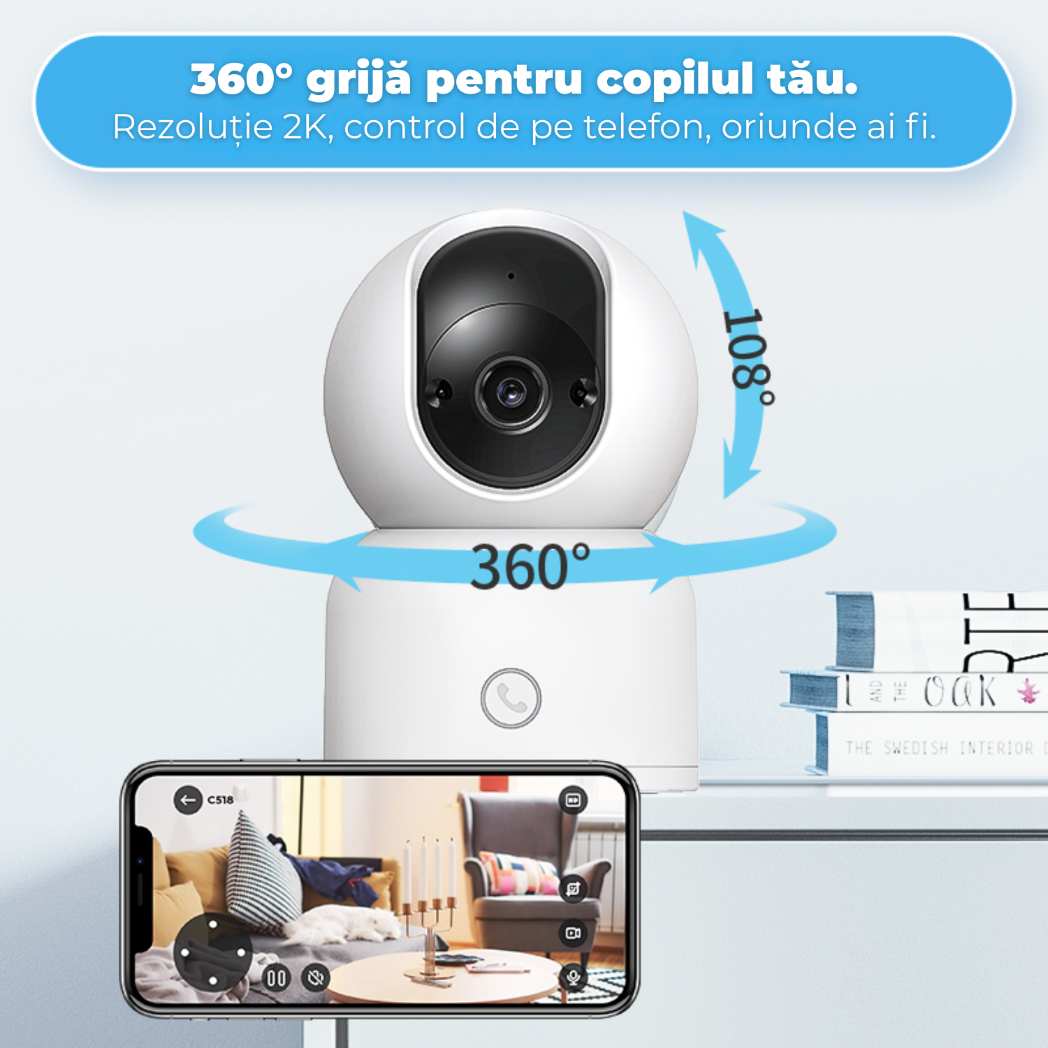 Baby monitor, WiFi indoor ZOSI C518 2K pan-tilt, rotire 360°, Night Vision, detectie umana & urmarire automata, 2.4/5GHz, audio bidirectional, buton apel rapid, compatibila Alexa