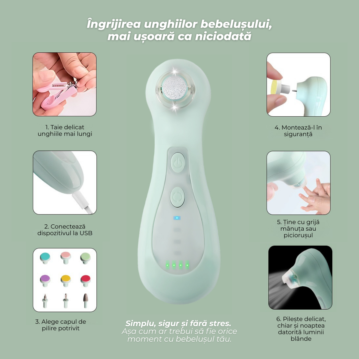 Trimmer electric unghii bebelusi, 9 capete incluse, 4 viteze, rotatie dubla, lumina led, incarcare usb, functionare silentioasa, sigur pentru nou-nascuti si copii mici