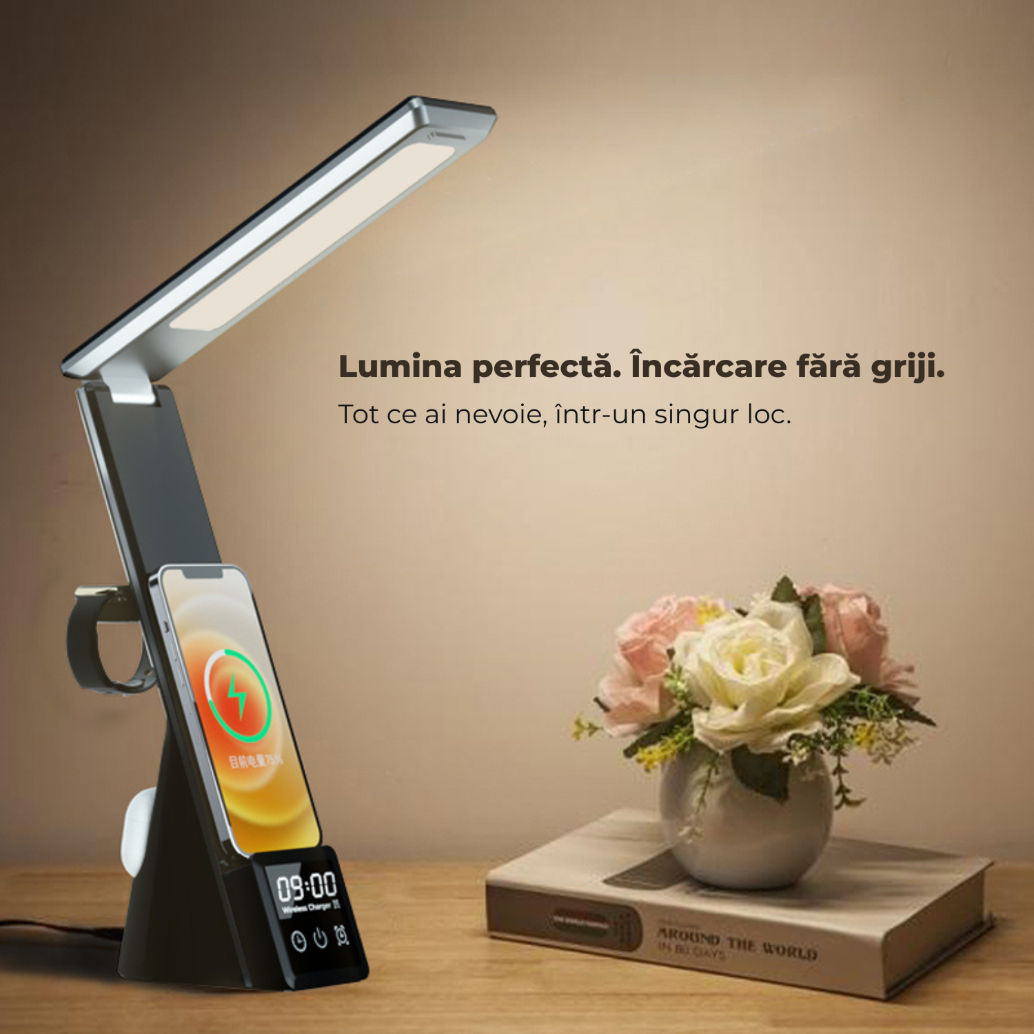 Lampa birou LED 3 in 1 cu incarcare wireless telefon si ceas