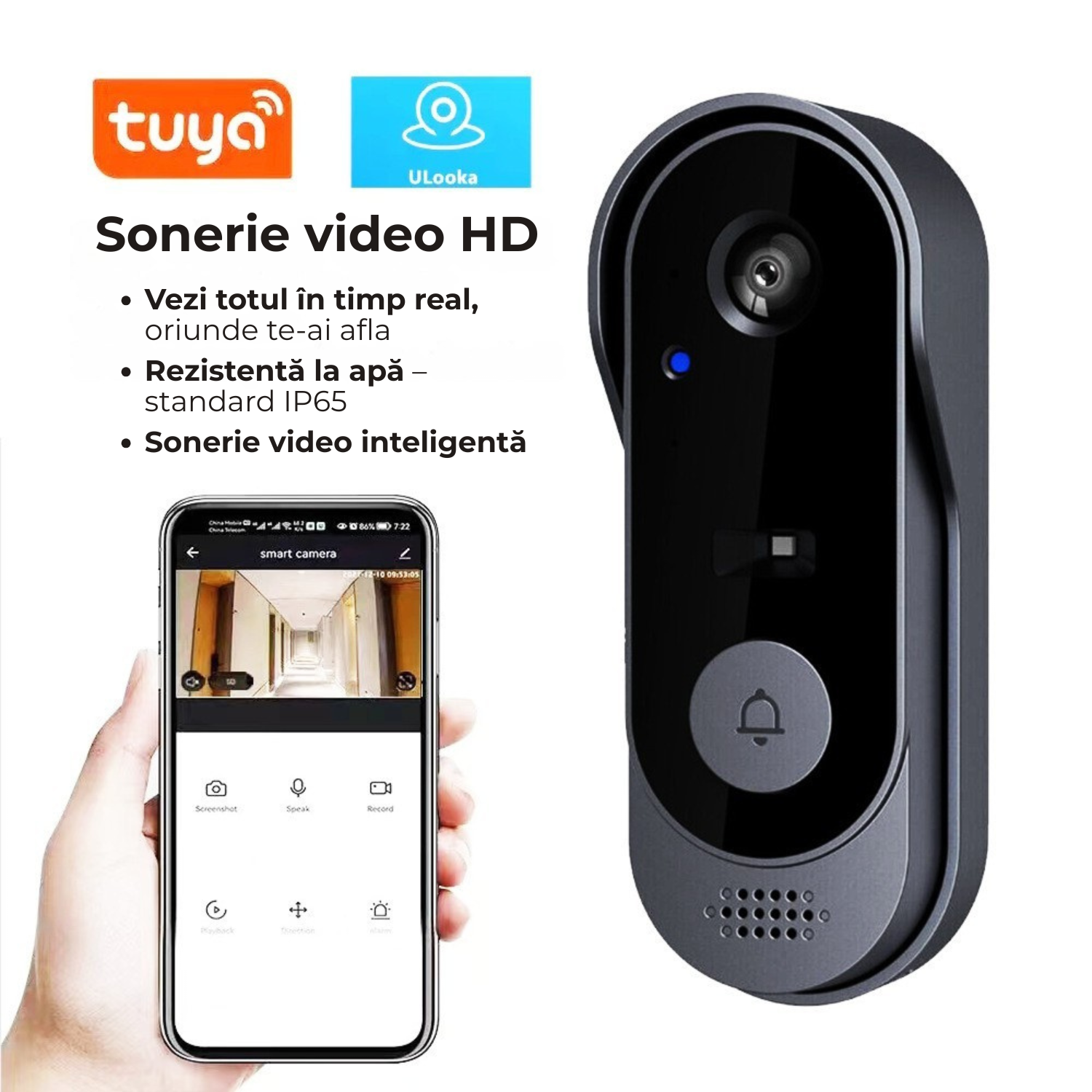 Sonerie Video Inteligentă HD 720p cu Apel pe Telefon – Control Smart Life, Rezistentă la Apă, Receptor Inclus