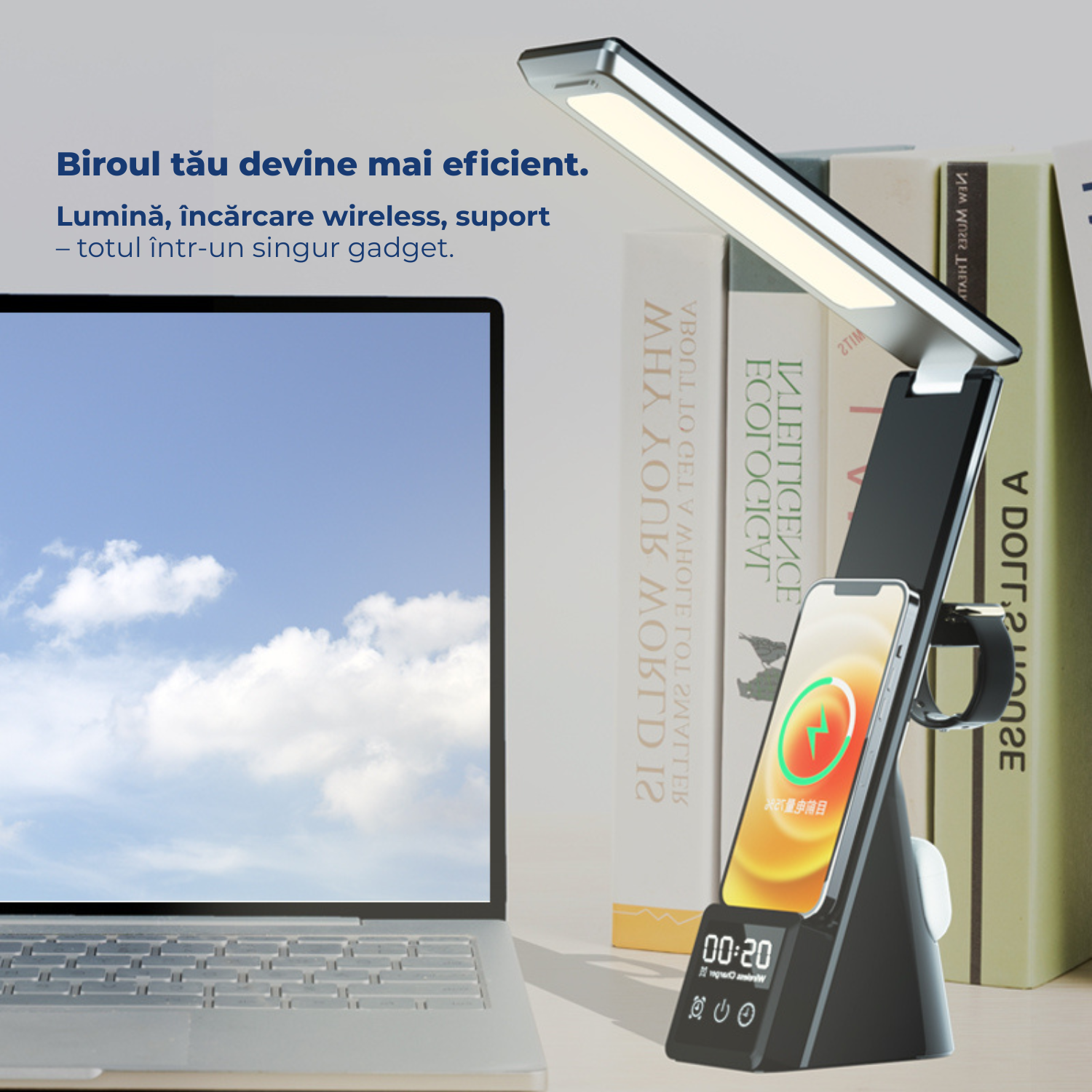 Lampa birou LED 3 in 1 cu incarcare wireless telefon si ceas