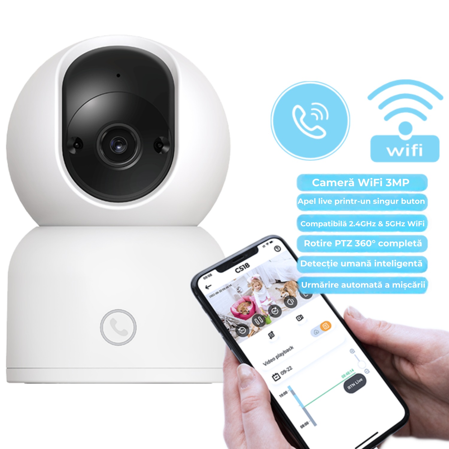 Baby monitor, WiFi indoor ZOSI C518 2K pan-tilt, rotire 360°, Night Vision, detectie umana & urmarire automata, 2.4/5GHz, audio bidirectional, buton apel rapid, compatibila Alexa