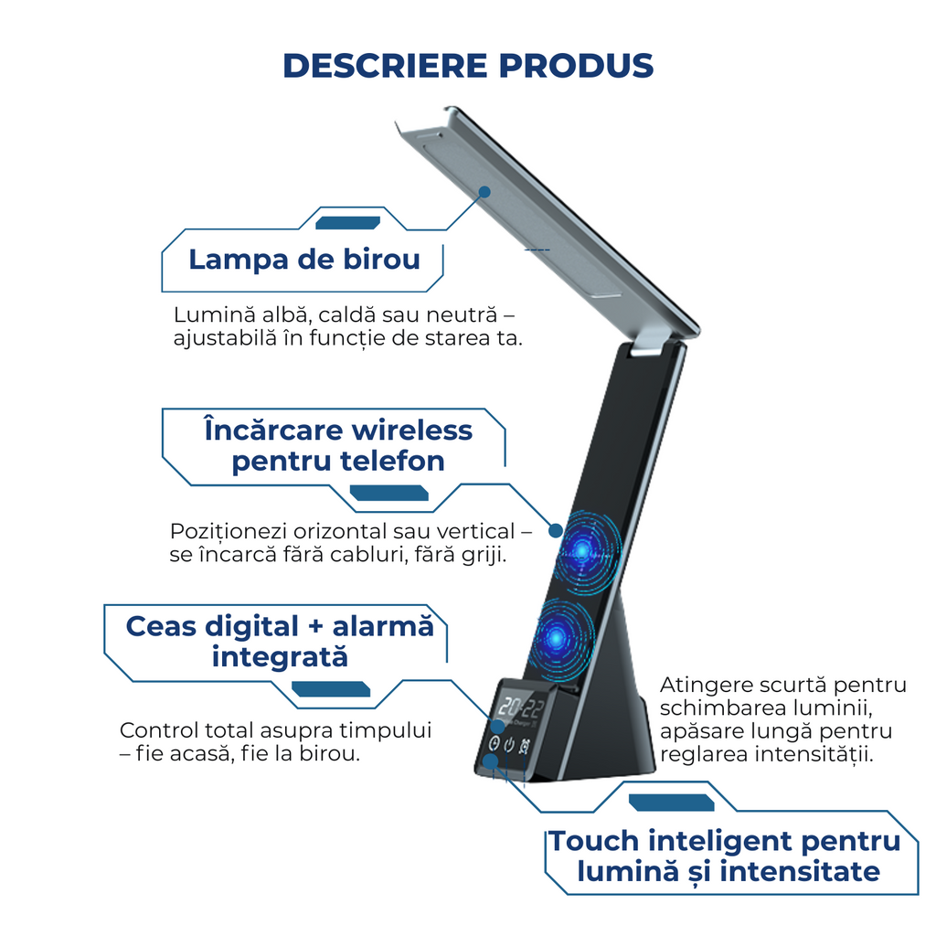 Lampa birou LED 3 in 1 cu incarcare wireless telefon si ceas