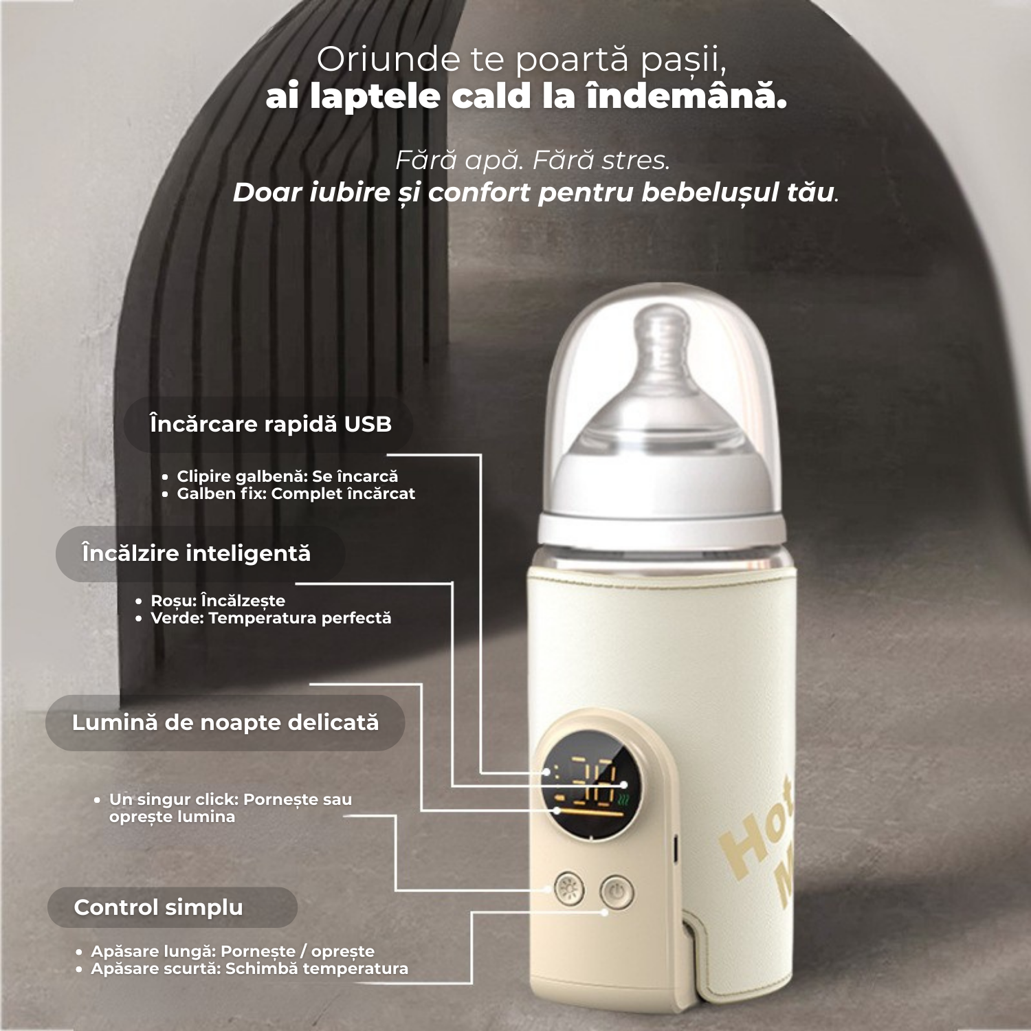 Incalzitor portabil lapte bebelusi, 8000 mAh, 6 trepte temperatura 38 50 °C