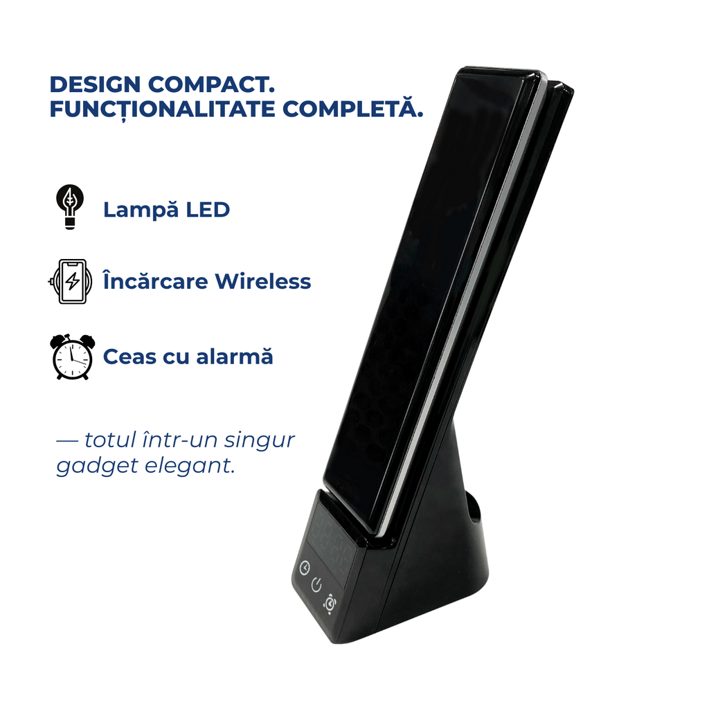Lampa birou LED 3 in 1 cu incarcare wireless telefon si ceas