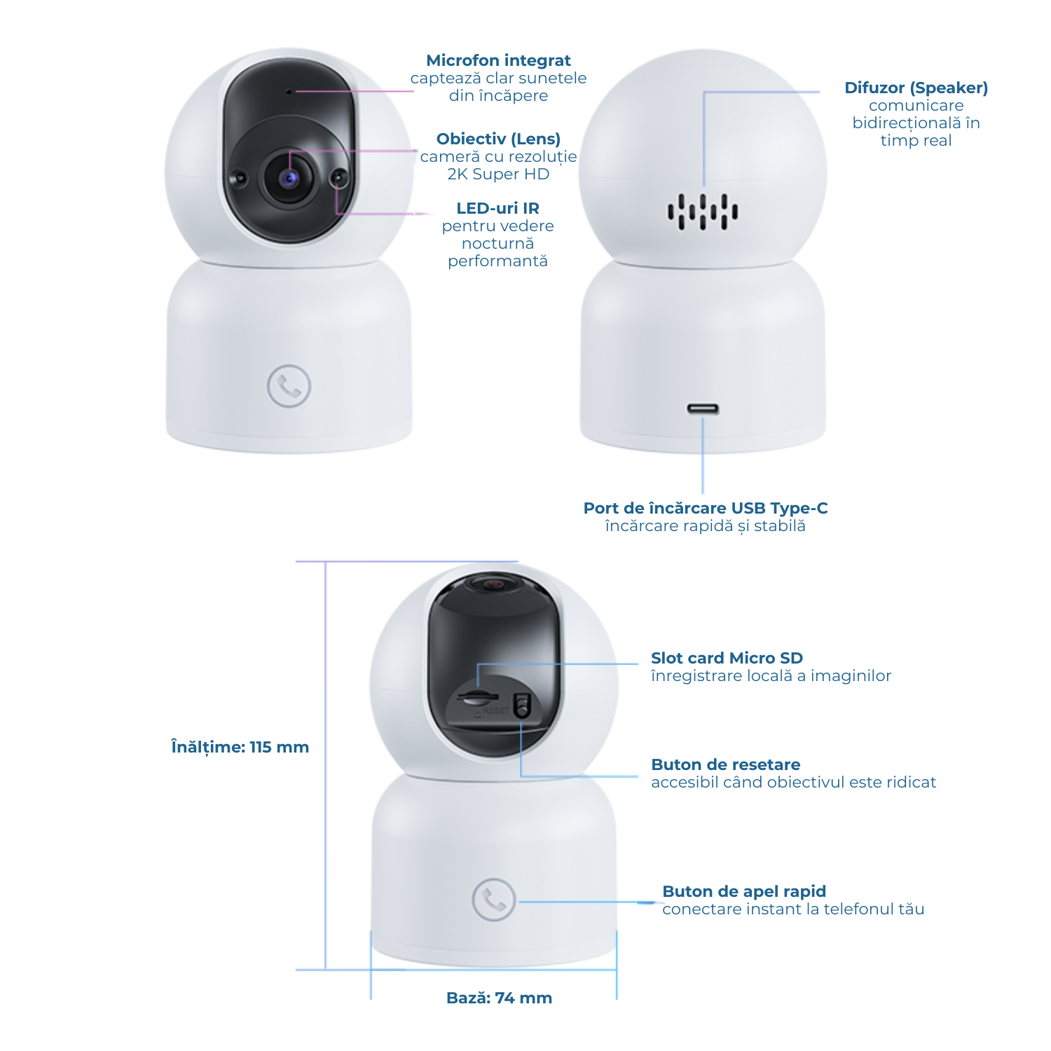 Baby monitor, WiFi indoor ZOSI C518 2K pan-tilt, rotire 360°, Night Vision, detectie umana & urmarire automata, 2.4/5GHz, audio bidirectional, buton apel rapid, compatibila Alexa
