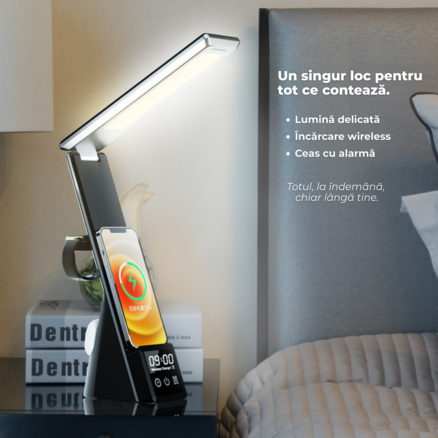 Lampa birou LED 3 in 1 cu incarcare wireless telefon si ceas