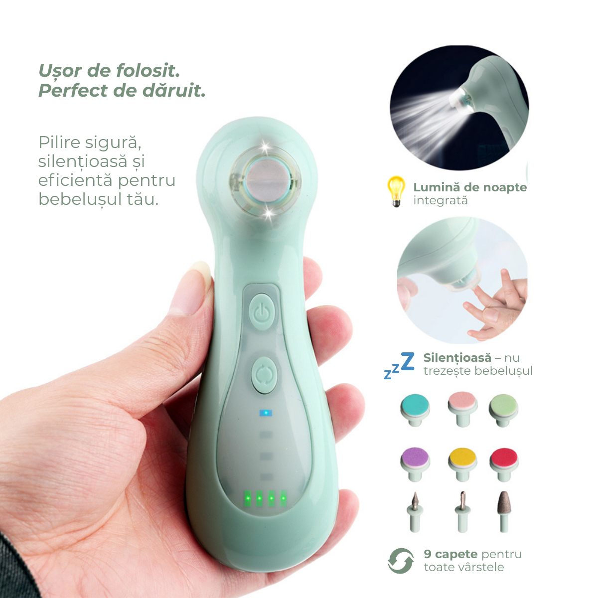 Trimmer electric unghii bebelusi, 9 capete incluse, 4 viteze, rotatie dubla, lumina led, incarcare usb, functionare silentioasa, sigur pentru nou-nascuti si copii mici