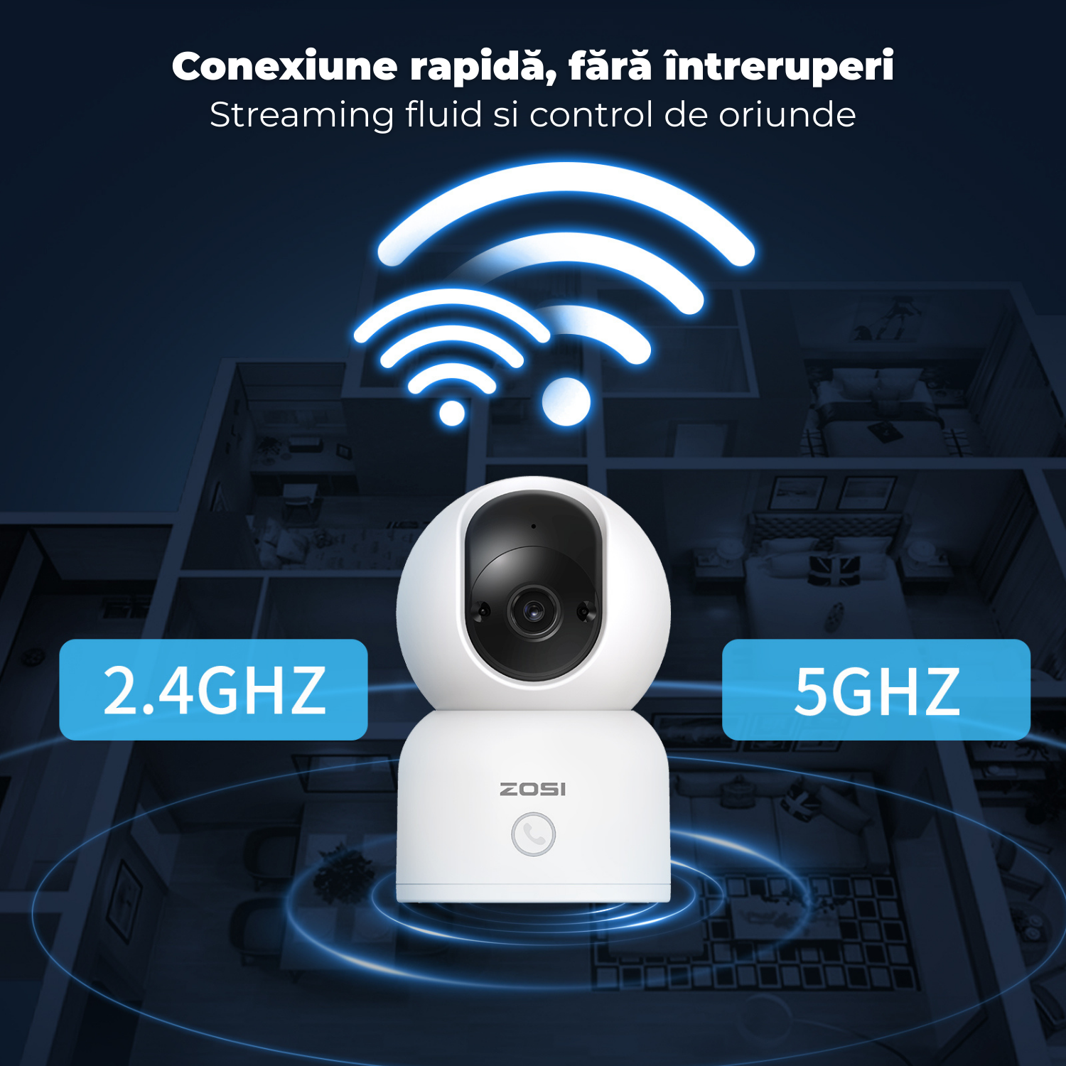 Baby monitor, WiFi indoor ZOSI C518 2K pan-tilt, rotire 360°, Night Vision, detectie umana & urmarire automata, 2.4/5GHz, audio bidirectional, buton apel rapid, compatibila Alexa